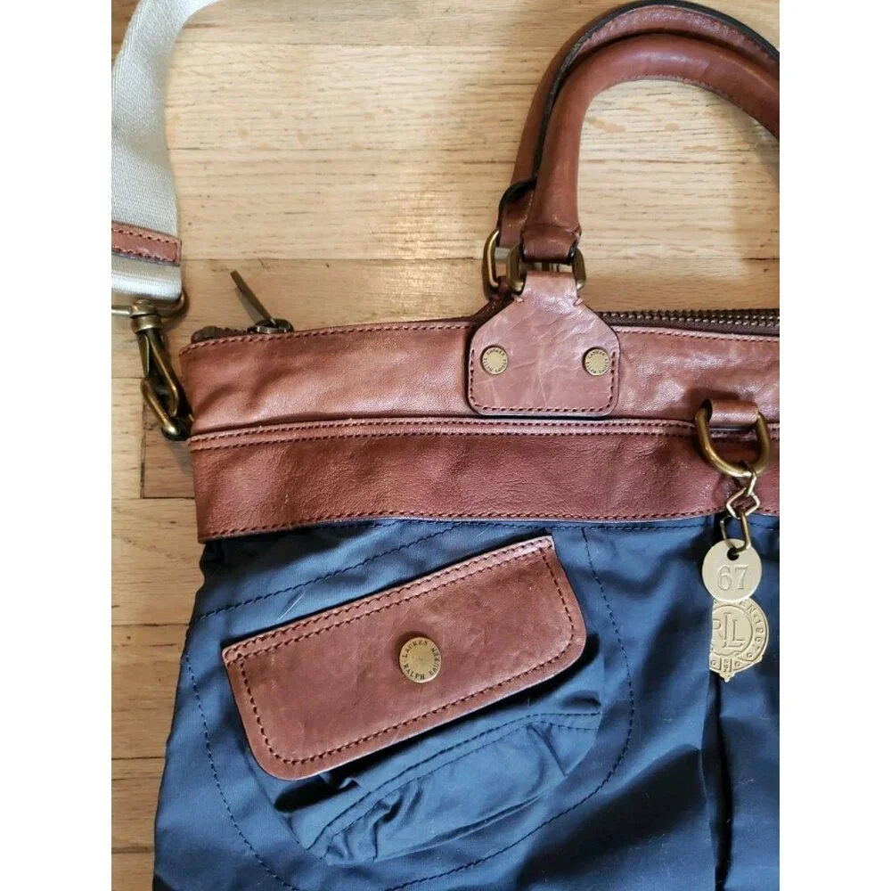 Ralph Lauren Vintage Messenger Bag Monmouthshire Nylon Tote Leather Trim Gray